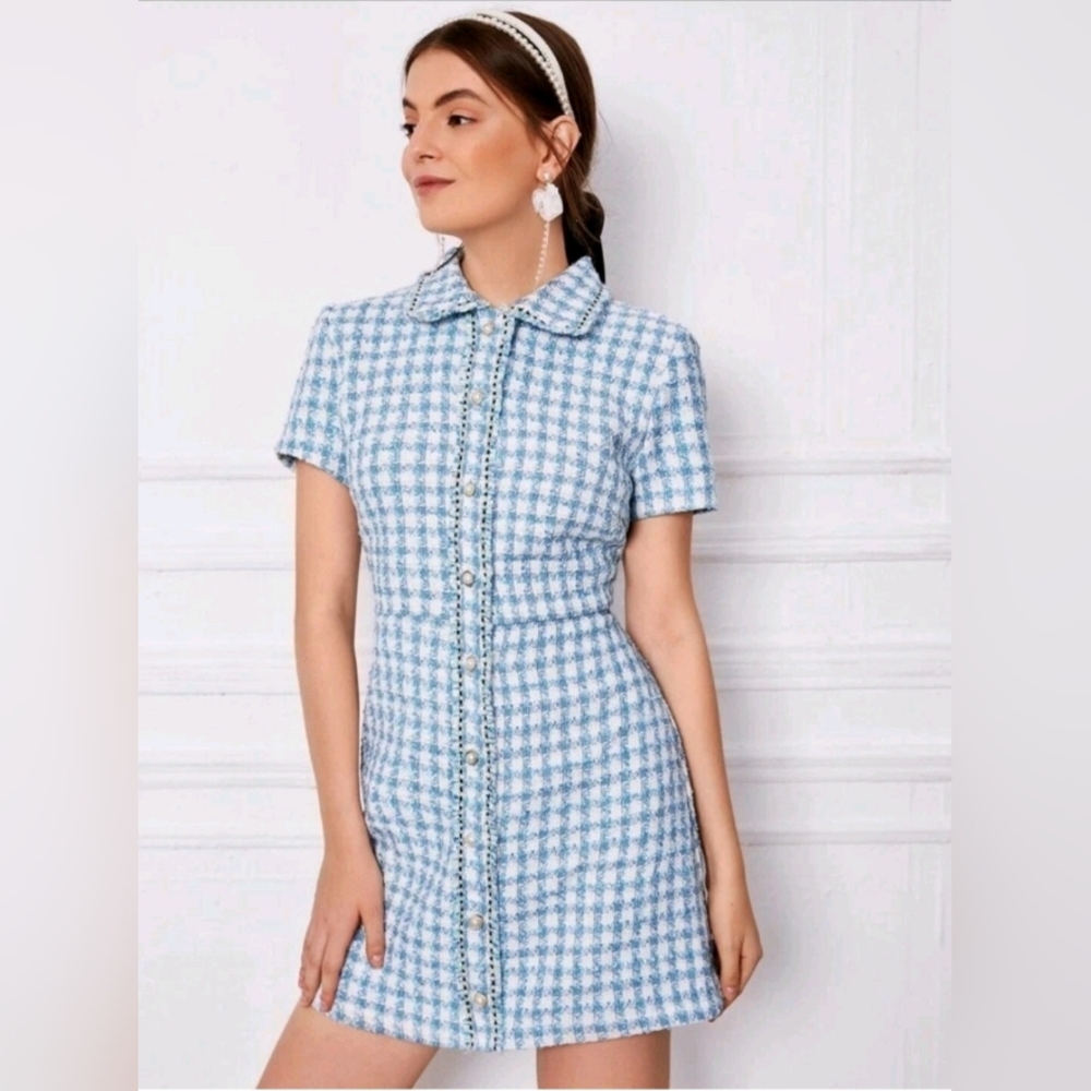 Blue and White Checkered Tweed Like  Button-Up Dress